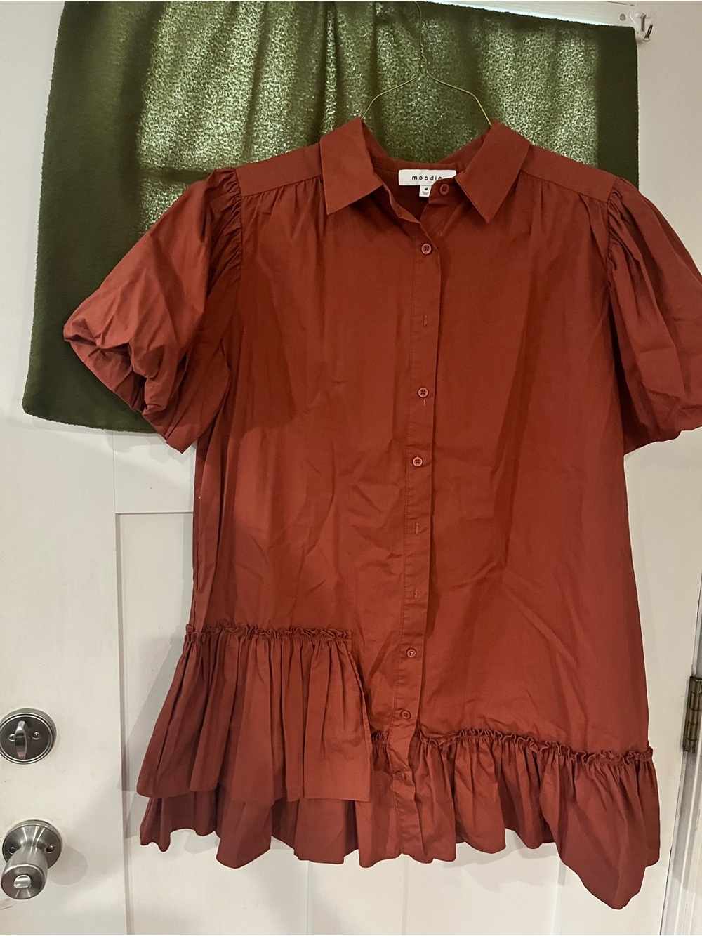 Rust Brown Short-Sleeve Ruffle-Hem Button-Down Shirt dress